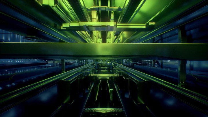 3d render, abstract urban virtual reality tunnel. Futuristic motion graphic. Green and blue neon light glow. Camera shake. Drone fast flying forward. Loop at 2K resolution.