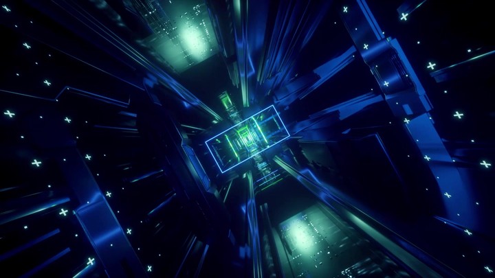 3d render, abstract urban virtual reality tunnel. Futuristic motion graphic. Blue neon light glow. Camera spinning around. Drone fast flying forward. Loop at 2K resolution.