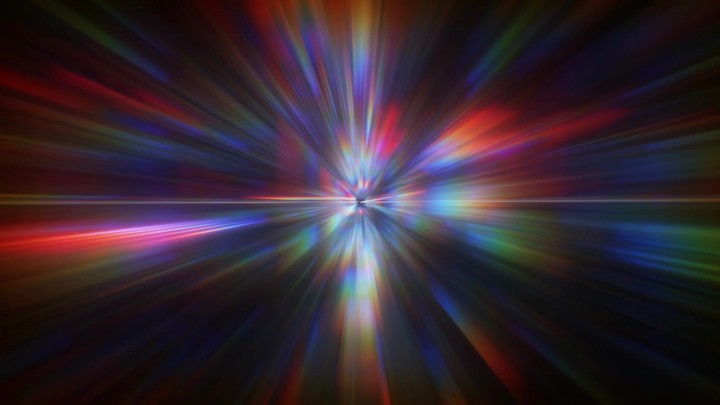 3d render, Blurred futuristic motion graphic. Rainbow neon light glow. Fast fly forward. Loop at 2K resolution.