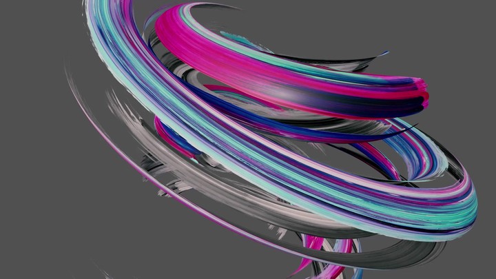 3d render, spinning colorful gouache brush stroke isolated on grey, paint smear, artistic splash, abstract background