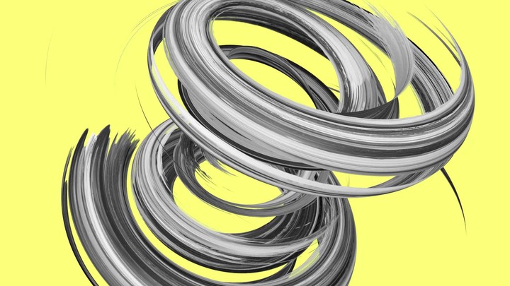 3d render, spinning black gouache brush stroke isolated on yellow, paint smear, artistic splash, abstract background