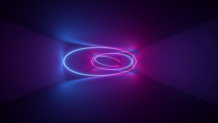 3d render, abstract background, neon rays, oval shapes appearing inside tunnel, seamless corridor, glowing lines, fluorescent ultraviolet light, blue red pink purple spectrum, looped animation