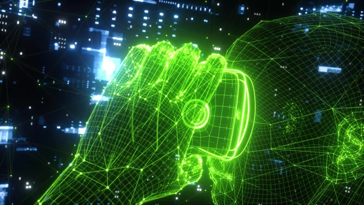 virtual reality user interface, 3d head, hands holding device, digital simulation, cyberspace, deep learning, network connection, player avatar playing game, neon glowing light, tunnel flight