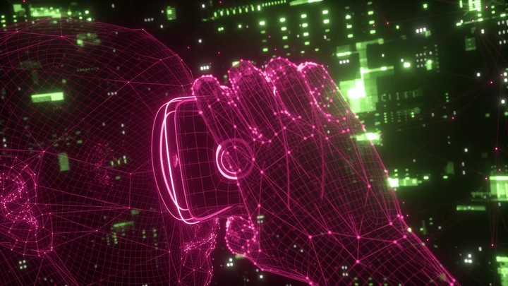 virtual reality experience, computer technology, player avatar inside cyberspace, gadget, polygonal head, neon glowing lines, grid, mesh, flight simulation