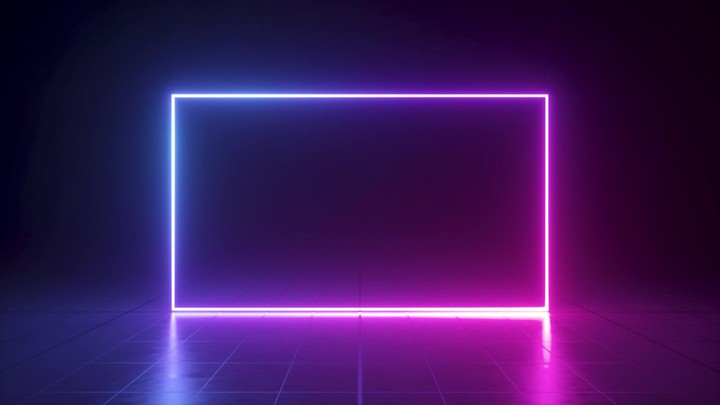 abstract neon background. Glowing rectangular frame. Blank space inside. Loop animation. Ultraviolet light, pink violet lines, virtual reality interface.