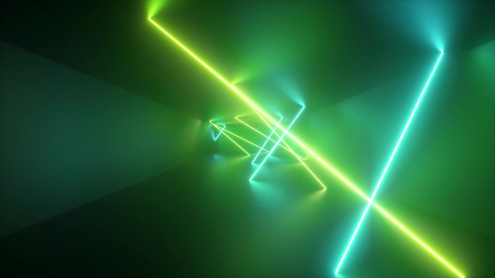 neon green lines, spinning inside endless tunnel, long corridor, glowing rays, fluorescent light, fashion podium, music laser show, looped, seamless animation