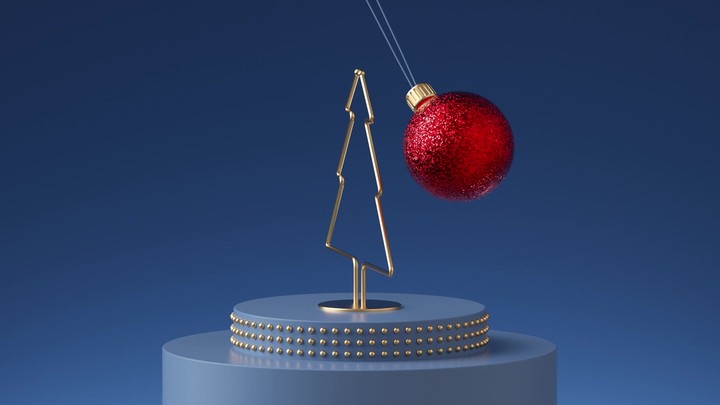Christmas 3d red ball going through fir tree shape, blue background, loop animation of swinging pendulum, hanging ornament. Repeating beat. Seamless motion design. Live image, modern animated poster.