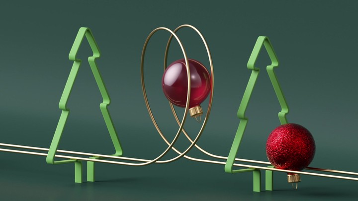 Christmas red balls rolling, twisted road isolated on green background. Fir tree simple shapes. Minimal modern loop animation. Holiday looped live image, modern animated poster. Seamless motion design