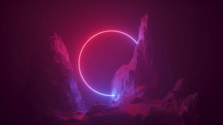 Abstract neon light background. Flight above foggy rock at night. Looped animation, seamless live image. Cosmic landscape, rotating terrain, ultraviolet spectrum, glowing laser ring