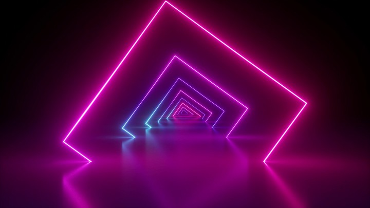 flight through spinning neon tunnel, pink blue light, moving fashion podium, abstract background, rotating frames, virtual reality, glowing lines