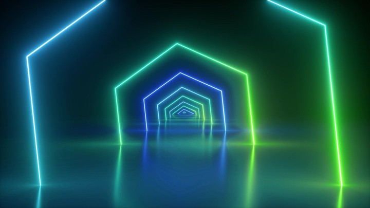 flight through spinning hexagonal tunnel, corridor, green neon light, abstract background, 80's retro style, k pop music stage, fashion podium, hexagons rotating, looped animation