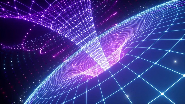 abstract scientific background, neon glowing funnel grid, forces of nature, universal energy, ultraviolet light, gravity, matter, space, wormhole, cosmic