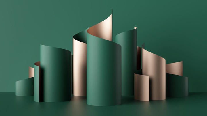 3d render, paper ribbon rolls spinning, abstract shapes, emerald green fashion background, gold foil, swirl, scroll, curl, spiral, cylinder