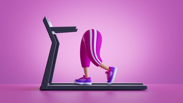 3d render, cartoon character legs walk slowly on treadmill isolated on pink background. Cardio training looping animation, continuous sequence