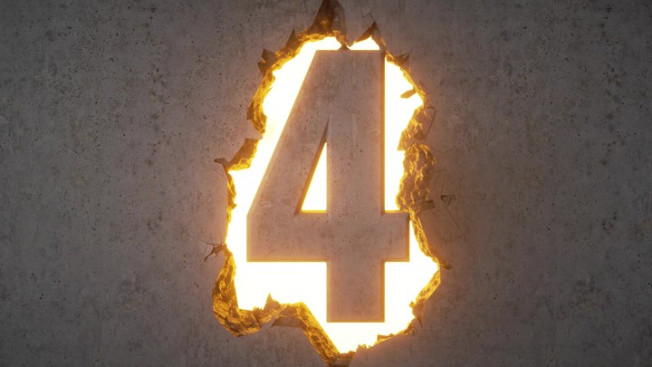 top five countdown, bright light behind the broken concrete wall, 3d concrete numbers from 5 to 1