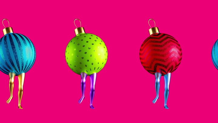 looping animation, endless row of colorful glass balls ornaments with mannequin legs dancing, isolated on pink background. New year party animated greeting card. Funny cartoon characters dance