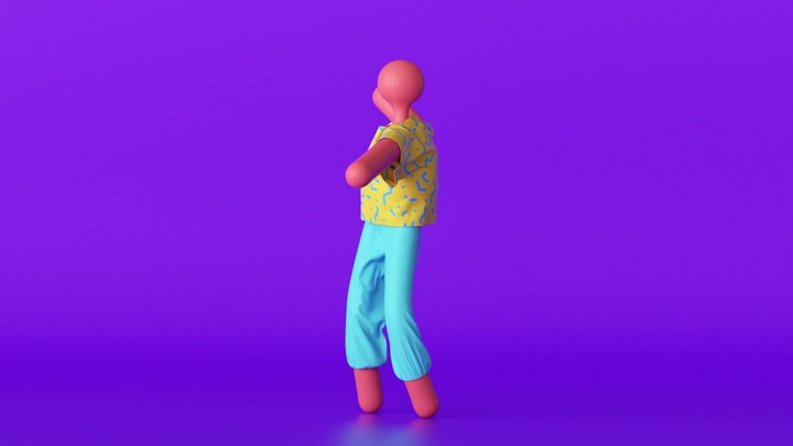 3d cartoon dancer, abstract character wearing yellow shirt and blue pants isolated on violet background, dancing hipster person loop animation, modern minimal seamless motion design. Funny bald toy