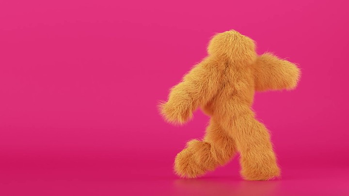 3d cartoon character hairy beast dancing hip hop over pink background, person wearing yellow furry monster costume, funny mascot looping animation, modern minimal seamless motion design