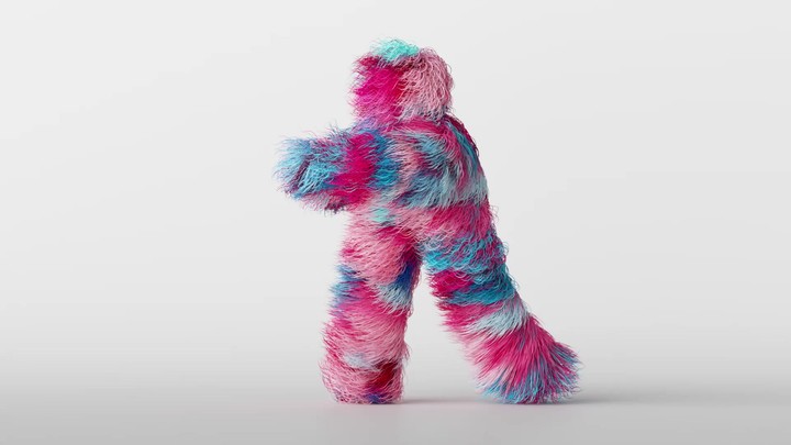 3d colorful hairy cartoon character funny hip hop dancing, furry beast having fun, fluffy mascot looping animation, modern minimal seamless motion design