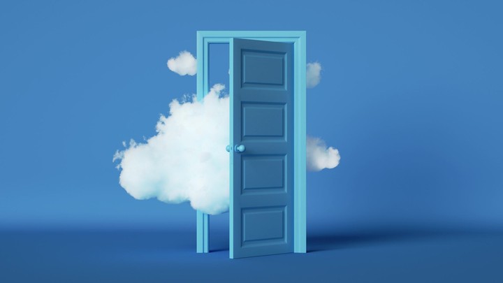 3d animation of white clouds floating through the opening door inside the empty blue room, surreal dream concept