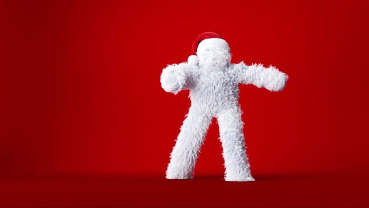 white funny yeti in Christmas hat dancing. Looping animation of a furry bigfoot cartoon character, hairy monster isolated on red background, 3d render festive mascot