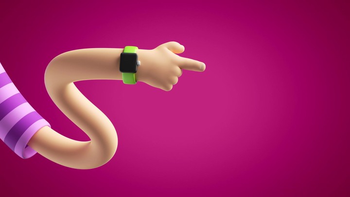 3d funny cartoon character wavy hand appears, shows direction with pointing finger, isolated on pink background with blank copy space
