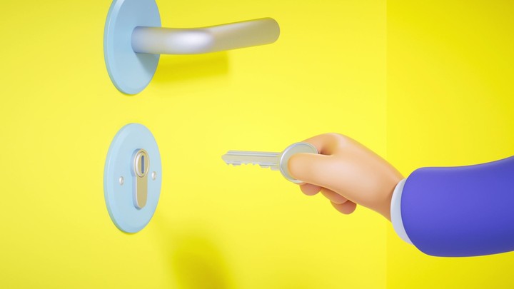 3d render, cartoon character hand holds the key, trying to open the yellow door. Unsuccessful attempt. Property owner, access to the closed room. Seamless looping animation