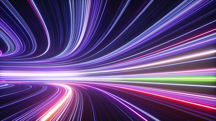 3d abstract neon background, tunnel turning to left, ultra violet rays, glowing lines, virtual reality, speed of light, space and time strings, highway night lights. Seamless looping animation