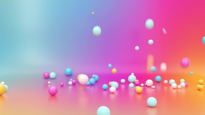 3d render, assorted colorful balls falling down inside empty room, bouncing and jumping over vibrant gradient background, interactive particles motion. Animated gravity effect. Abstract fun concept