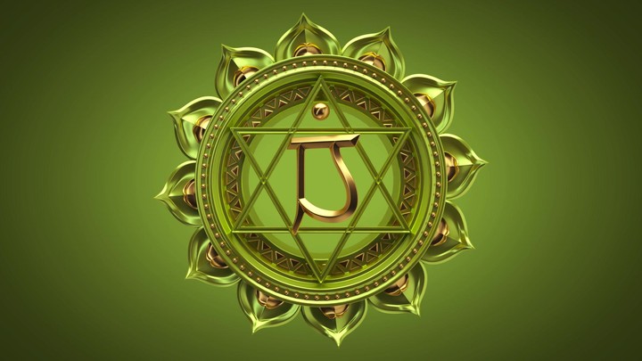 3d rendering of heart chakra symbol rotating over green background. Seamless animation of spinning buddhist lotus mandala. Looped motion design of magical oriental sacred geometry ornament