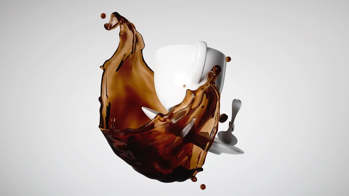 Spinning coffee drink. White ceramic cup, saucer and silver spoon with brown liquid splash rotating, isolated on white background. Looping animation
