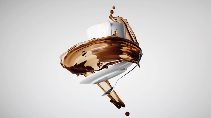 Levitating white ceramic cup, saucer and silver spoon with splashing coffee or tea drink. Brown liquid wavy splash rotating. Seamless animation.