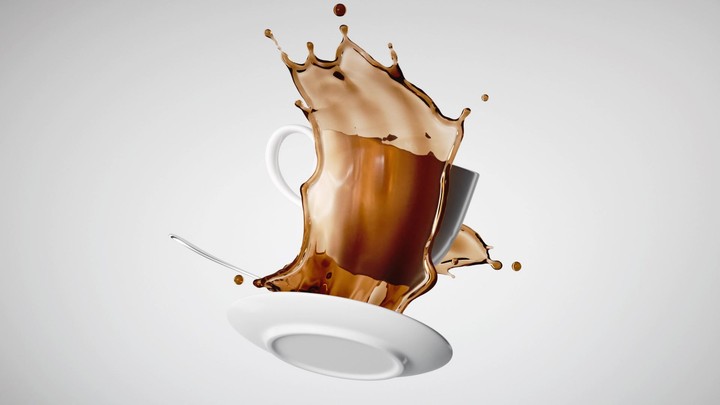 Levitating white ceramic cup, saucer and silver spoon with splashing coffee or tea drink. Brown liquid splash rotating. Seamless animation.