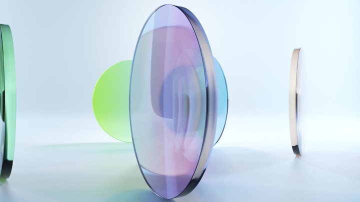 loop 3d animation, colorful translucent glass blocks spin and rotate on white background, round lenses