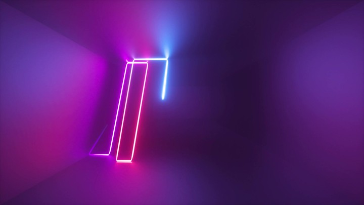 3d abstract ultraviolet background with dynamic glowing neon line moving inside long dark tunnel. Pink blue violet light illumination. Laser ray path, chaotic tangled labyrinth track, lighting beam