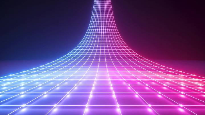 abstract looped geometric background, eternal flight forward, endless animation, seamless neon grid, virtual network concept, cyber space, glowing 3d mesh, ultraviolet light