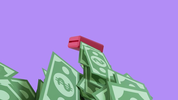 animated 3d icon of cartoon hand holds red money gun throwing dollar banknotes, automatic spender concept, isolated on violet background