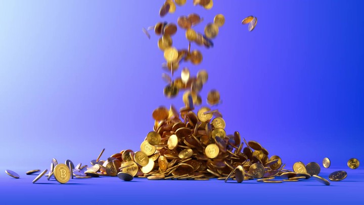 3d animation, golden coins with the bitcoin symbol fall down into a heap or pile, isolated on blue background