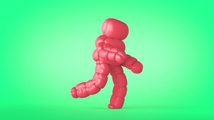 3d looping animation, man wearing halloween costume, red inflatable cartoon character jumping and dancing. Isolated on green background. Funny mascot