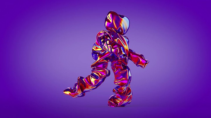 3d looping animation. Iridescent holographic mascot, inflatable toy dancing, isolated on violet background