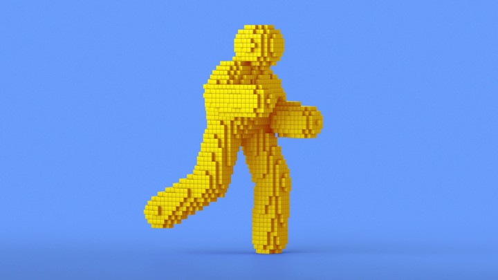 looping 3d animation, yellow pixel man cartoon character dancing. Funny mascot isolated on blue background