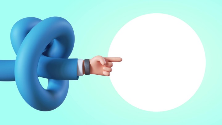3d animation, funny cartoon character spiral hand pointing finger with blank round price tag, best offer recommendation concept. Commercial concept isolated on blue background