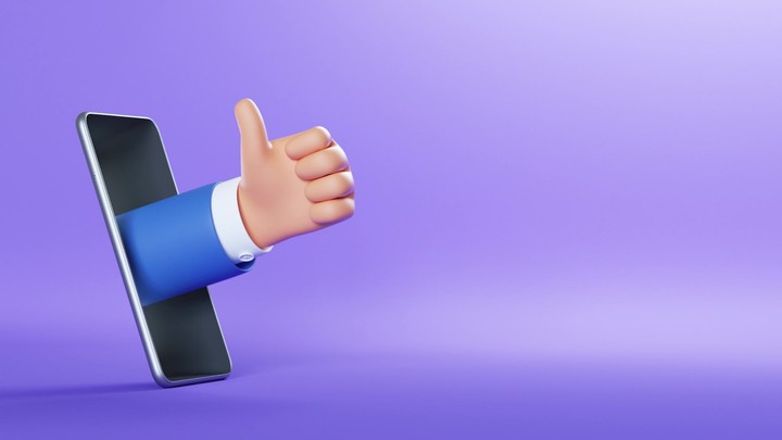 3d illustration. Cartoon character businessman hand shows like gesture, thumb up, appears out the smart phone screen, isolated on violet background. Remote assistance, approval feedback concept