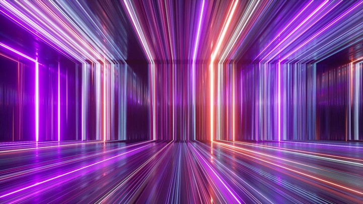 looping 3d animation, abstract neon background with glowing lines, ride inside the endless tunnel