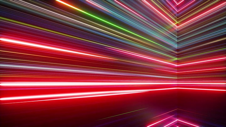 looping 3d animation, abstract background with stream of neon lines leaving glowing tracks. Colorful spectrum laser rays sliding