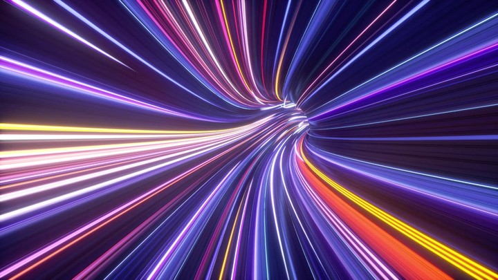 cycled animation of flight inside the hyperspace tunnel, abstract cosmic neon background. Bright rays and glowing lines. Network data inside optic fiber, speed of light, space and time strings
