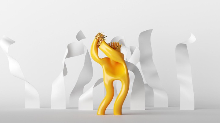 looping animation of 3d cartoon character dancer. Yellow inflatable toy skydancer is swaying with white ribbons