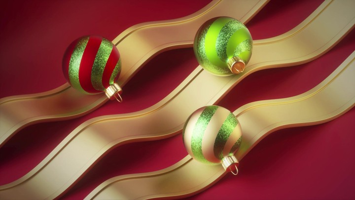 3d Christmas cycled animation. Striped glass balls roll on golden wavy road over the red background. Oddly satisfying video. Repeating beat. Live image. Looping seamless motion design.