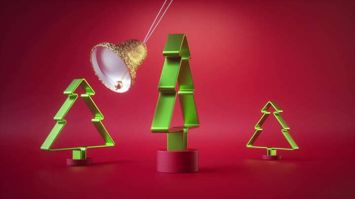 3d render, cycled Christmas animation, festive pendulum isolated on red background. Swinging golden bell ornament, spinning green fir tree. Seamless motion design. Repeating beat. Live image
