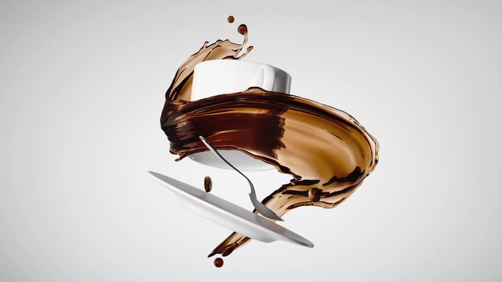 seamless 3d animation. Flying and rotating cup of coffee or tea and silver spoon. Splashing brown liquid drink. Isolated on white background
